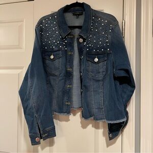 Lane Bryant cropped denim jacket with pearl detail size 22 ￼